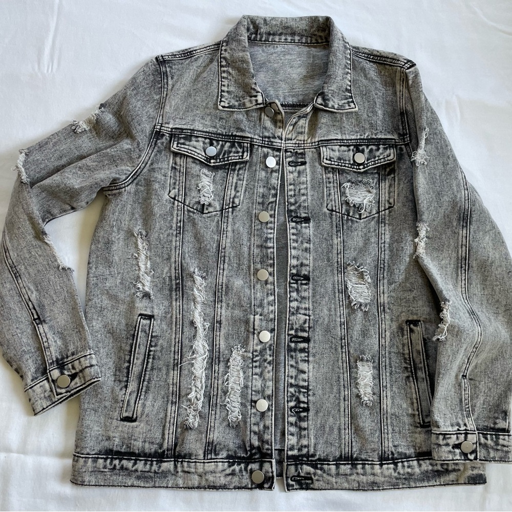 Distressed Grey Acid-Wash Denim Jacket
